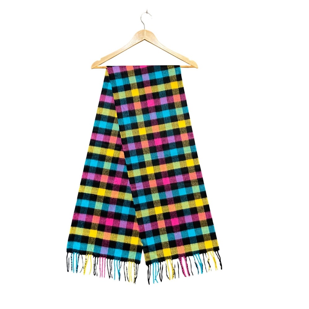 100% Cashmere Scarf Made in Scotland Multi Color Plaid Fringed Neon Check Winter